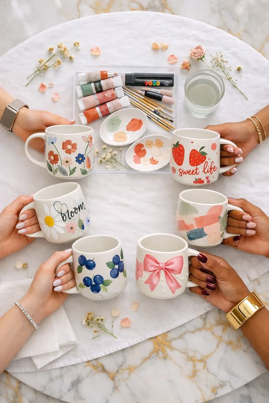 Xícaras pintadas à mão sendo seguradas por amigas